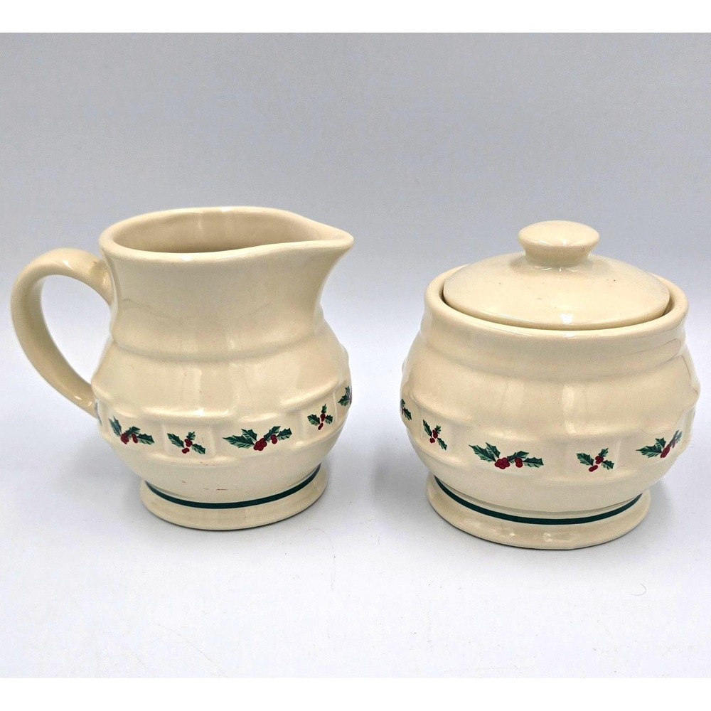 Longaberger Pottery Woven Traditions Holly Berry Creamer & Sugar Bowl Set